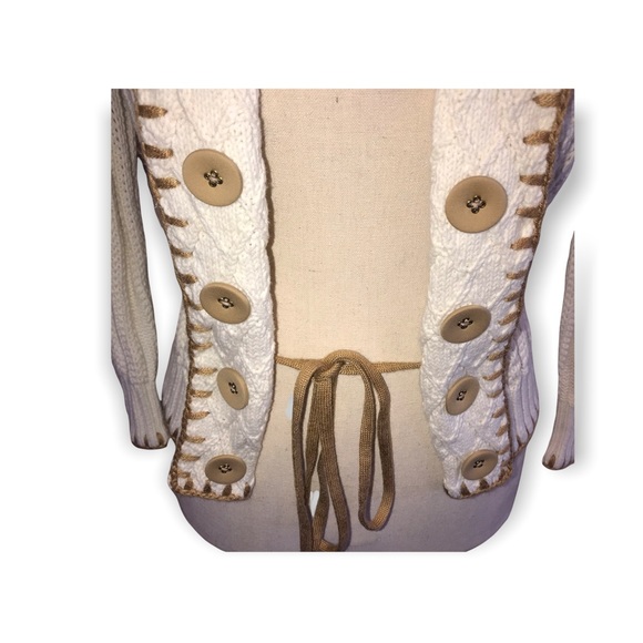 Jessica by Christopher L Open Front Cardigan Knit Sweater Cream and Tan Button - Picture 2 of 8